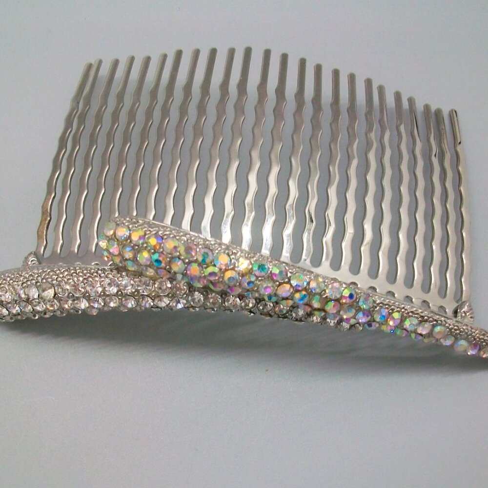 Clear Aurora Borealis Rhinestones Silver Hair Comb Bridal Accessory